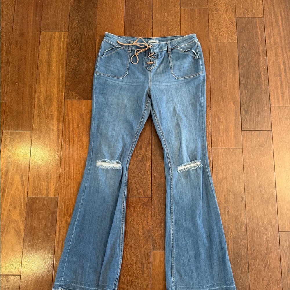 NY&C Boho Lace Up Flare Jeans - Distressed Wide Leg Denim - Size 12 Y2K
